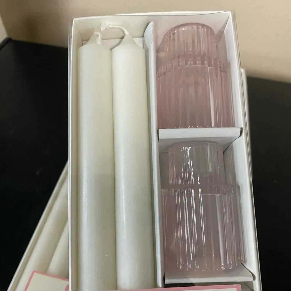 Pink ribbed glass candle holders set of 4 reversible modern farmhouse decor NEW